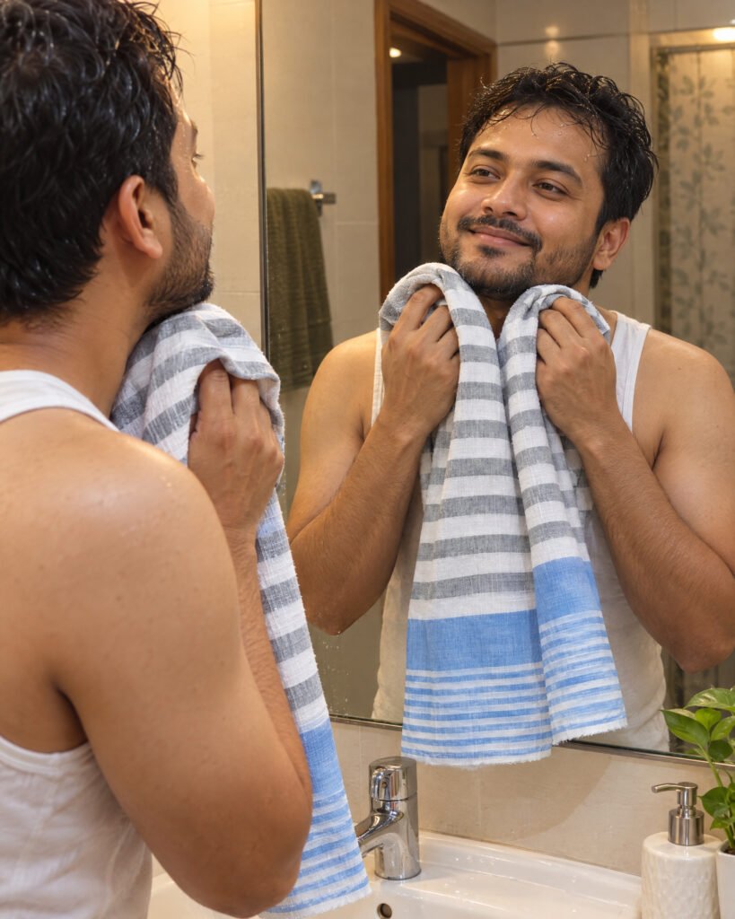 অফিস থেকে ফিরে Aarova গামছায় মুখ মোছা